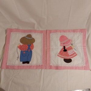 Set Of 2 Sunbonnet Sue Sam Handmade Pillow Covers Pink White Blue Brown 14 x 14